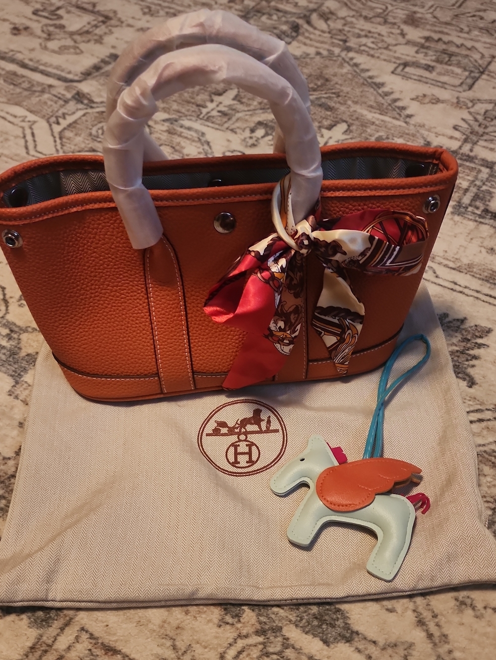 New Orange Leather Small Tote with  Silk Scarf Accent,charm And Dustbag